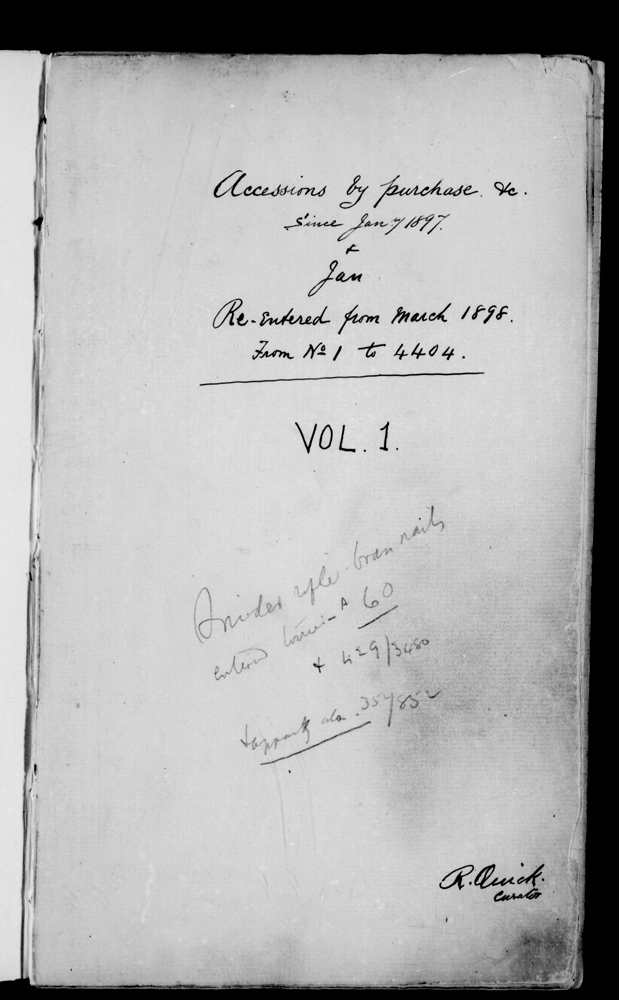 General view of title page from Surrey House accessions register 1 (1897-1898), object no. ARC/HMG/CM/001/001.