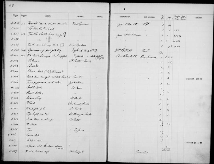 General view of page with entries for object nos 5.335 - 5.359 (1905) from 1901-1909 accessions register (ethnography, including musical instruments), object no. ARC/HMG/CM/001/003.