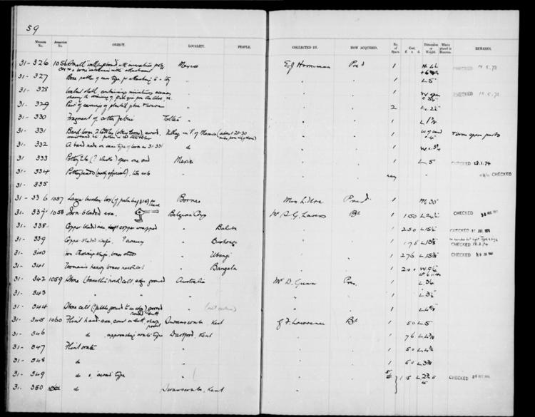 General view of page with entries for object nos 31.326 - 31.350 (1931) from 1928-1937 accessions register (ethnography, including musical instruments), object no. ARC/HMG/CM/001/005.