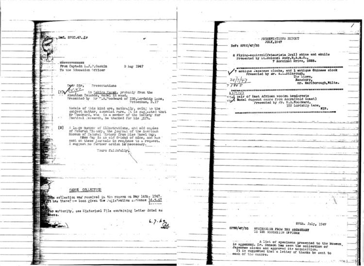 General view of page with entries for object nos 3.5.47/1 - 47/35 (May 1947 - July 1947) from 1938-1949 accessions register (ethnography, including musical instruments), object no. ARC/HMG/CM/001/006.