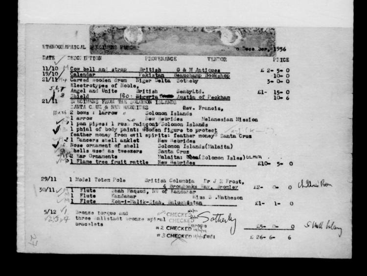 General view of page with entries for object nos 5.12.56 - 11.10.56 (December 1956 - October 1956) from 1948-1959 accessions register (purchases; ethnography, including musical instruments), object no. ARC/HMG/CM/001/007.
