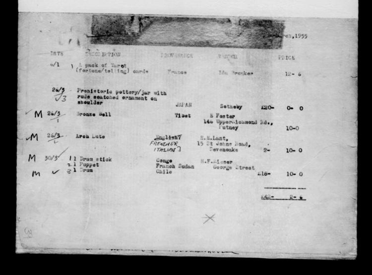 General view of page with entries for object nos 30.3.55 - 6.1.55 (March 1955 - January 1955) from 1948-1959 accessions register (purchases; ethnography, including musical instruments), object no. ARC/HMG/CM/001/007.
