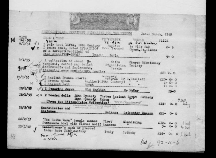 General view of page with entries for object nos 2.1.53 - 19.3.53 (January 1953 - March 1953) from 1948-1959 accessions register (purchases; ethnography, including musical instruments), object no. ARC/HMG/CM/001/007.