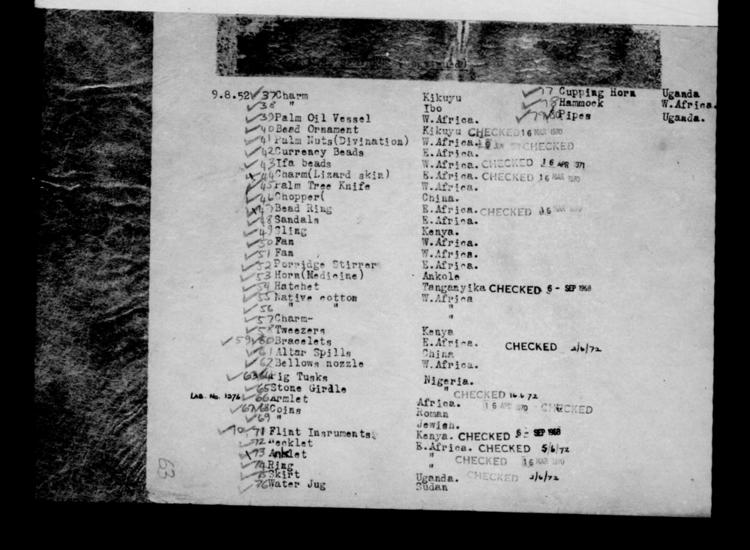 General view of page with entries for object nos 9.8.52 - 9.8.52 (August 1952) from 1948-1959 accessions register (purchases; ethnography, including musical instruments), object no. ARC/HMG/CM/001/007.