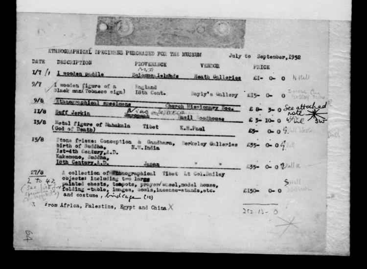 General view of page with entries for object nos 1.7.52 - 27.8.52 (July 1952 - August 1952) from 1948-1959 accessions register (purchases; ethnography, including musical instruments), object no. ARC/HMG/CM/001/007.