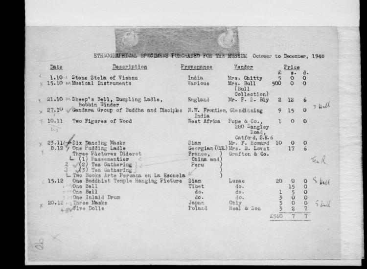 General view of page with entries for object nos 1.10.48 - 20.12.48 (October 1948 - December 1948) from 1948-1959 accessions register (purchases; ethnography, including musical instruments), object no. ARC/HMG/CM/001/007.