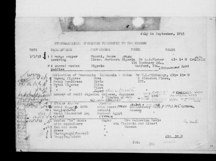 General view of page with entries for object nos 7.7.53 - 22.7.53/8 (July 1953 - July 1953) from 1949-1959 accessions register (gifts; ethnography, including musical instruments), object no. ARC/HMG/CM/001/008.