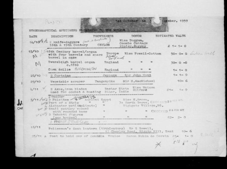 General view of page with entries for object nos 14.10.59/1 - 25.11.59 (October 1959 - November 1959) from 1949-1959 accessions register (gifts; ethnography, including musical instruments), object no. ARC/HMG/CM/001/008.