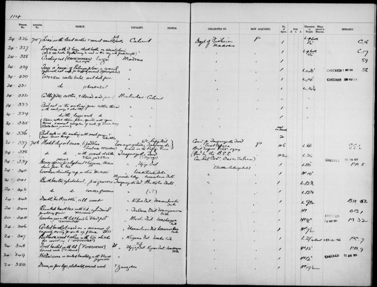 General view of page with entries for object nos 24.326 - 24.350 (1924) from 1910-1927 accessions register (ethnography, including musical instruments), object no. ARC/HMG/CM/001/004.