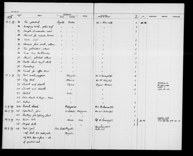 General view of page with entries for object nos 1979.85 - 1979.109 (July 1979 - September 1979) from 1979-1991 ethnography accessions register, object no. ARC/HMG/CM/001/012.