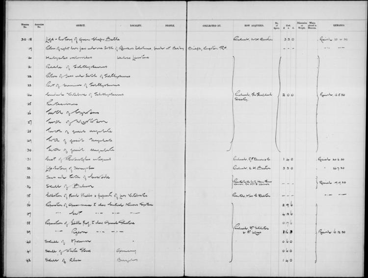 General view of page with entries for object nos 30.18 - 30.42 (1930) from 1900-1934 natural history accessions register, object no. ARC/HMG/CM/001/016.