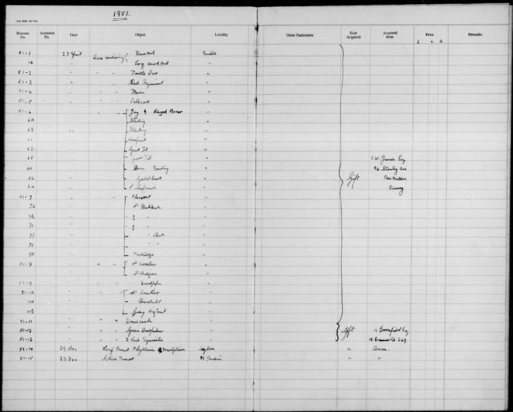 General view of page with entries for object nos 51.1 - 51.15 (April 1951 - December 1951) from 1935-2002 natural history accessions register, object no. ARC/HMG/CM/001/017.