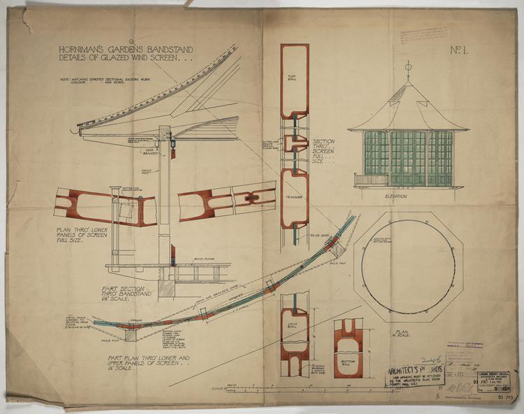 Image of Horniman's Gardens Bandstand: Details of Glazed Wind Screen