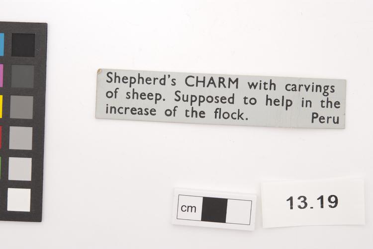 General view of label of Horniman Museum object no 13.19