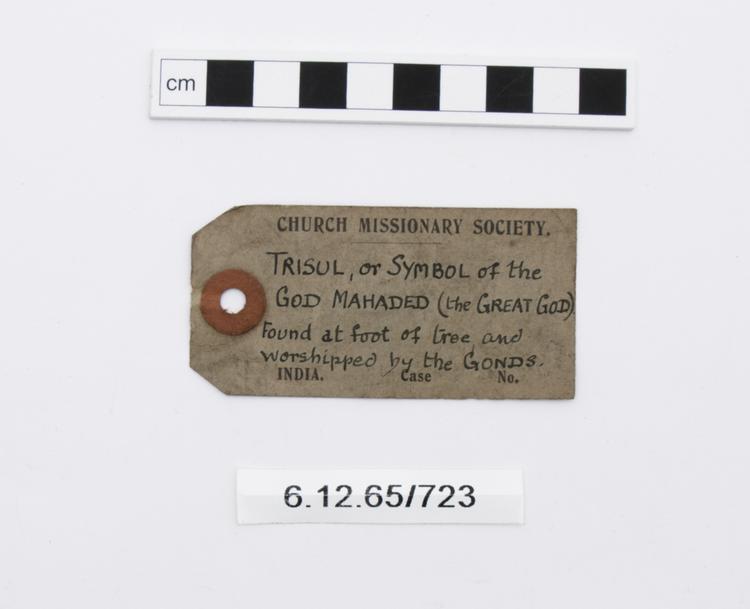General view of label of Horniman Museum object no 6.12.65/723