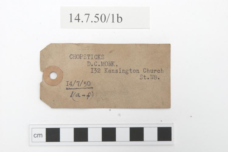 General view of label of Horniman Museum object no 14.7.50/1b