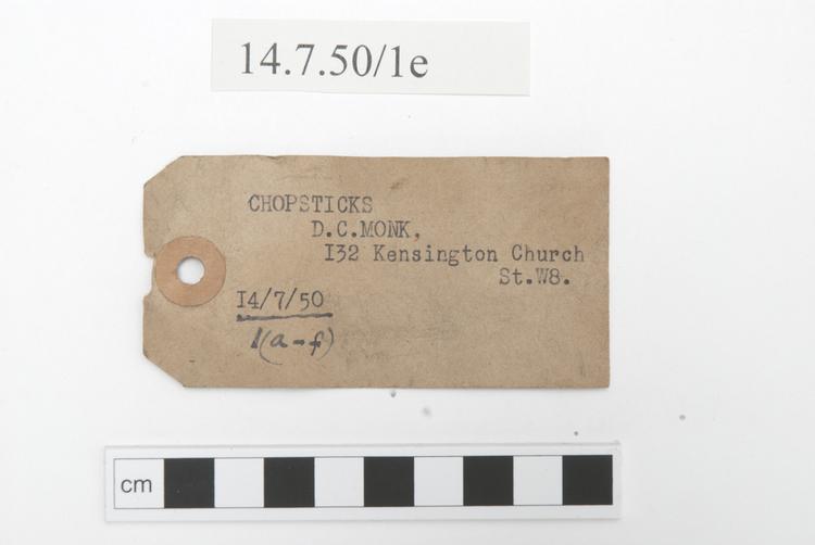 General view of label of Horniman Museum object no 14.7.50/1e