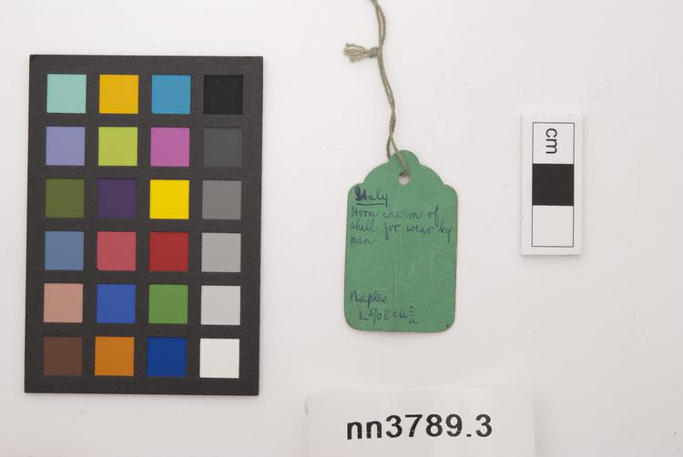 General view of label of Horniman Museum object no nn3789.3