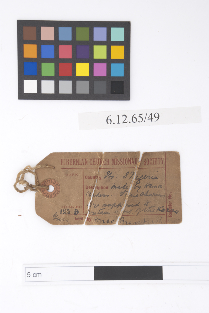 Frontal view of label of Horniman Museum object no 6.12.65/49