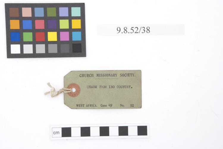 General view of label of Horniman Museum object no 9.8.52/38