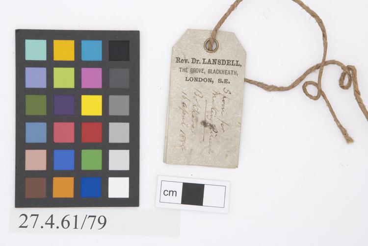 General view of label of Horniman Museum object no 27.4.61/79