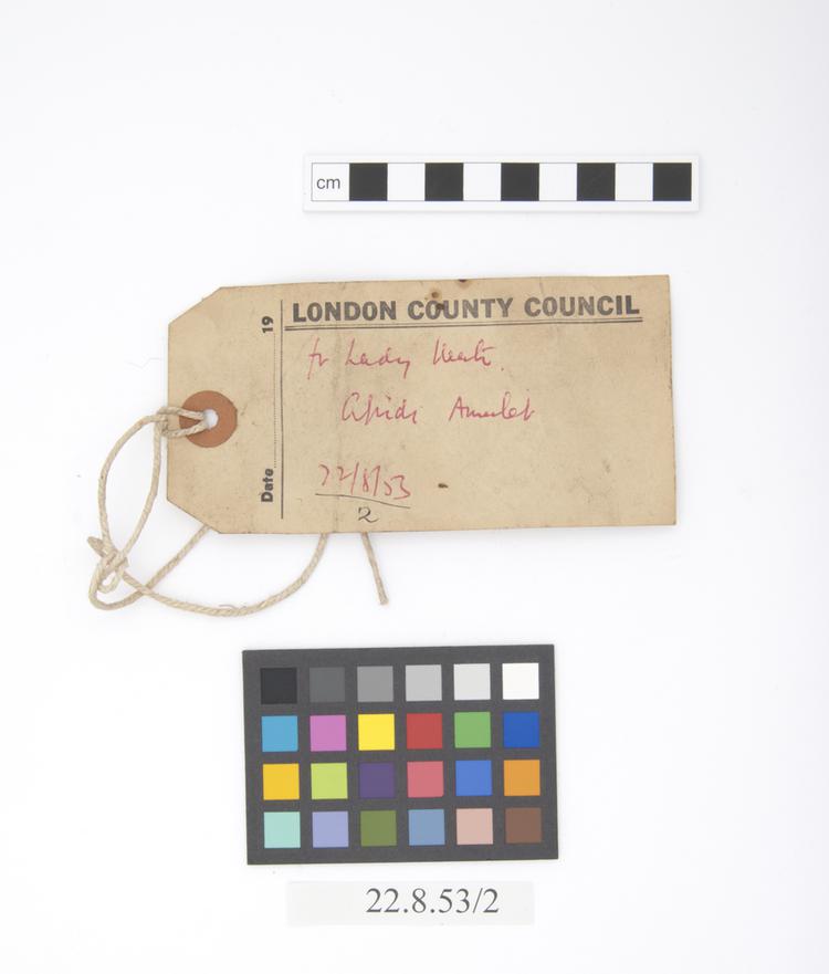 General view of label of Horniman Museum object no 22.8.53/2