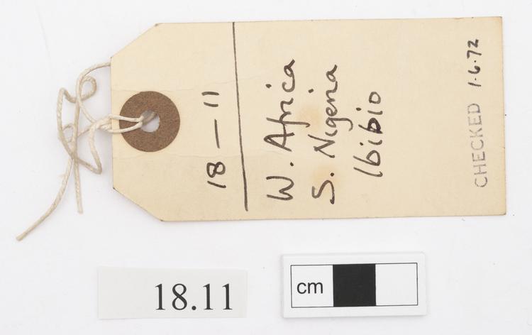 General view of label of Horniman Museum object no 18.11