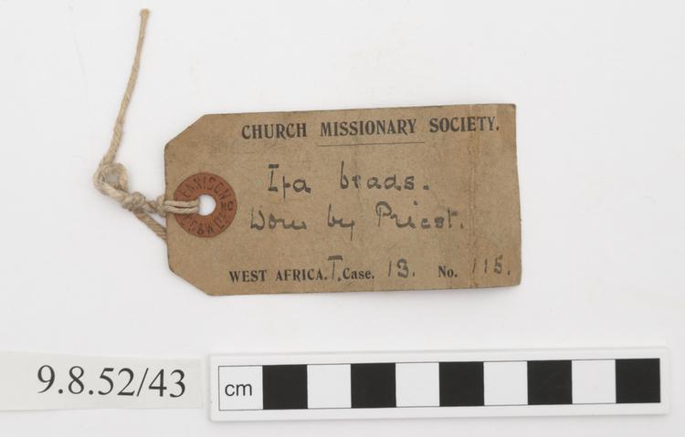 General view of label of Horniman Museum object no 9.8.52/43