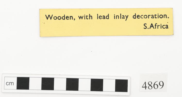 General view of label of Horniman Museum object no 4869