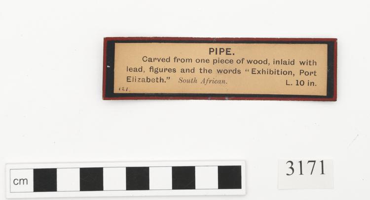 General view of label of Horniman Museum object no 3171