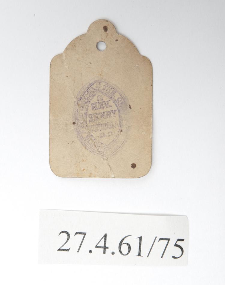 Detail view of rear of label of Horniman Museum object no 27.4.61/75