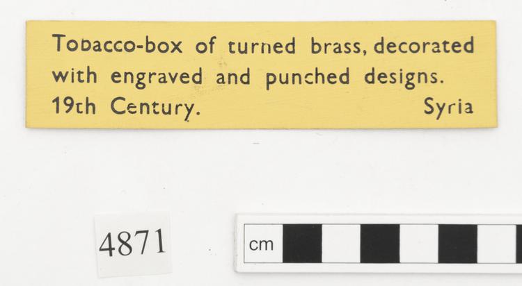 General view of label of Horniman Museum object no 4871