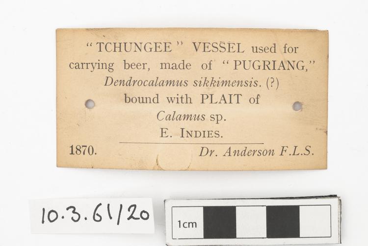 General view of label of Horniman Museum object no 10.3.61/20