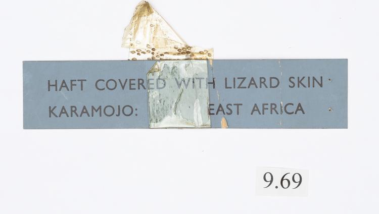General view of label of Horniman Museum object no 9.69
