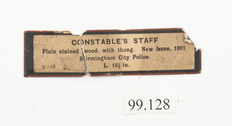 General view of label of Horniman Museum object no 99.128
