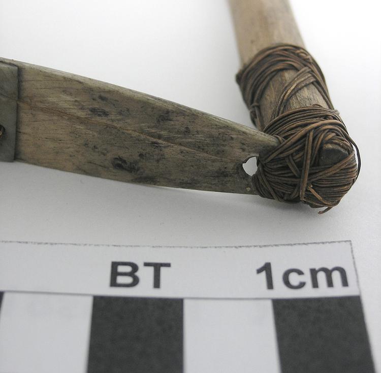 Detail view of attachment of Horniman Museum object no 5.459 before conservation treatment in 2011