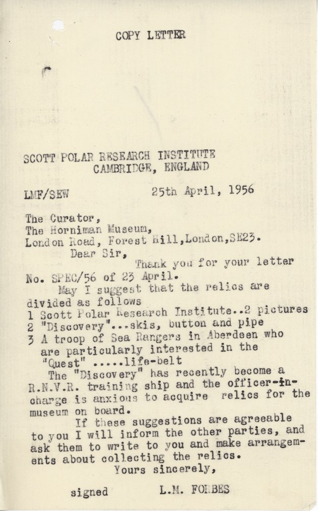 image of Letter by L.M. Forbes to Otto Samson, regarding the transfer of Captain Scott relics