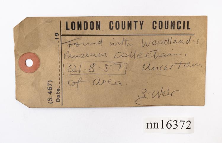 General view of label of Horniman Museum object no nn16372