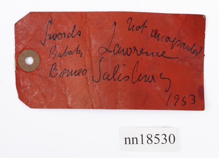 General view of label of Horniman Museum object no nn18530