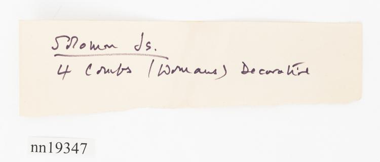 General view of label of Horniman Museum object no nn19347