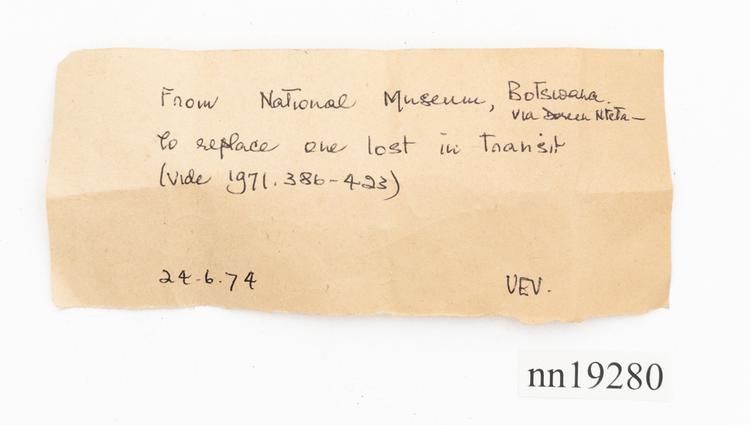 General view of label of Horniman Museum object no nn19280