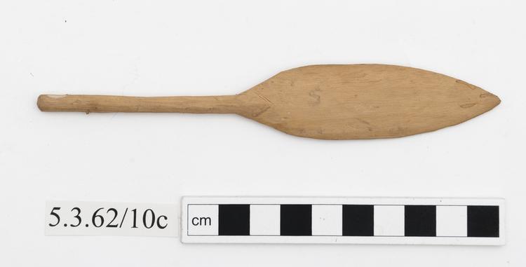 Image of canoe paddle; dugout with single outrigger (dugout canoe model)