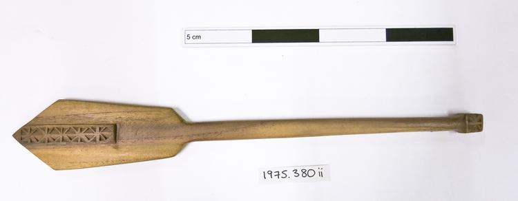 Image of canoe paddle; dugout with single outrigger (dugout canoe model)