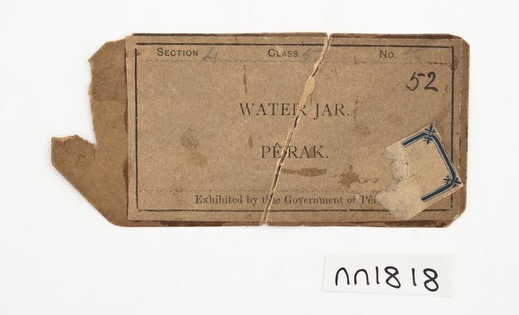 General view of label of Horniman Museum object no nn1818