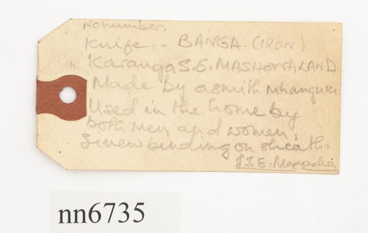 General view of label of Horniman Museum object no nn6735