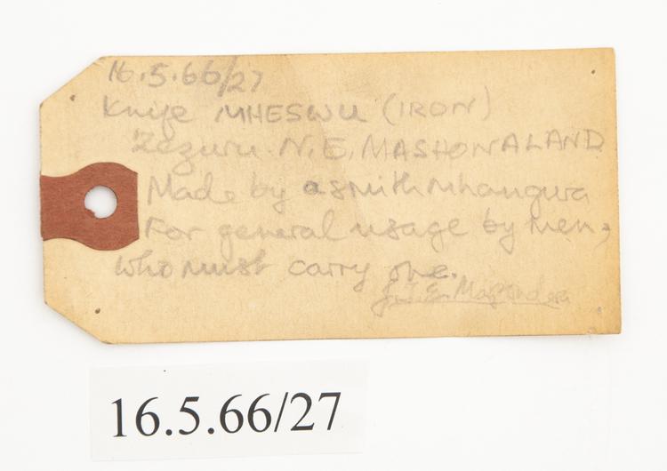 General view of label of Horniman Museum object no 16.5.66/27