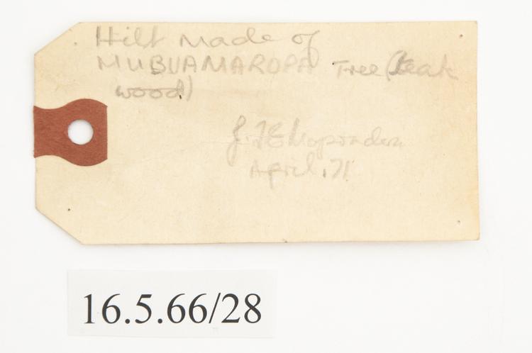 General view of label of Horniman Museum object no 16.5.66/28