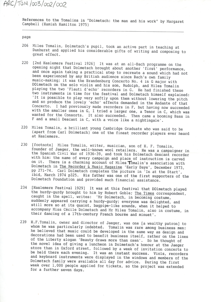 Image of Typed page titled 'References to the Tomalins in 'Dolmetsch: the man and his work' by Margaret Campbell (Hamish Hamilton 1975)