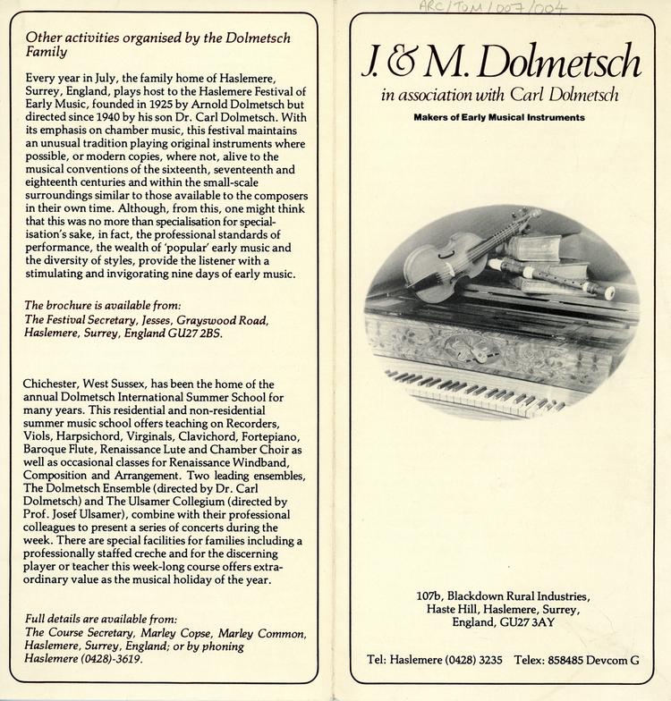 Image of Pamphlet relating the work and history of the Dolmetsch family in relation to the recorder