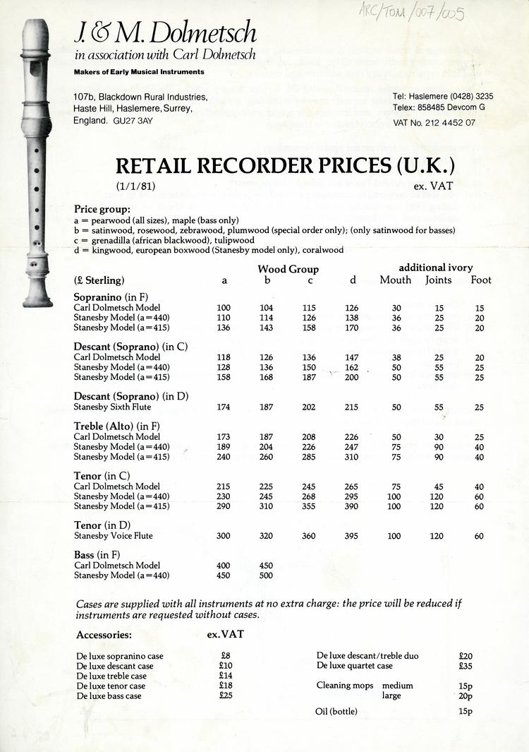 Image of Retail prices for Dolmetsch brand recorders